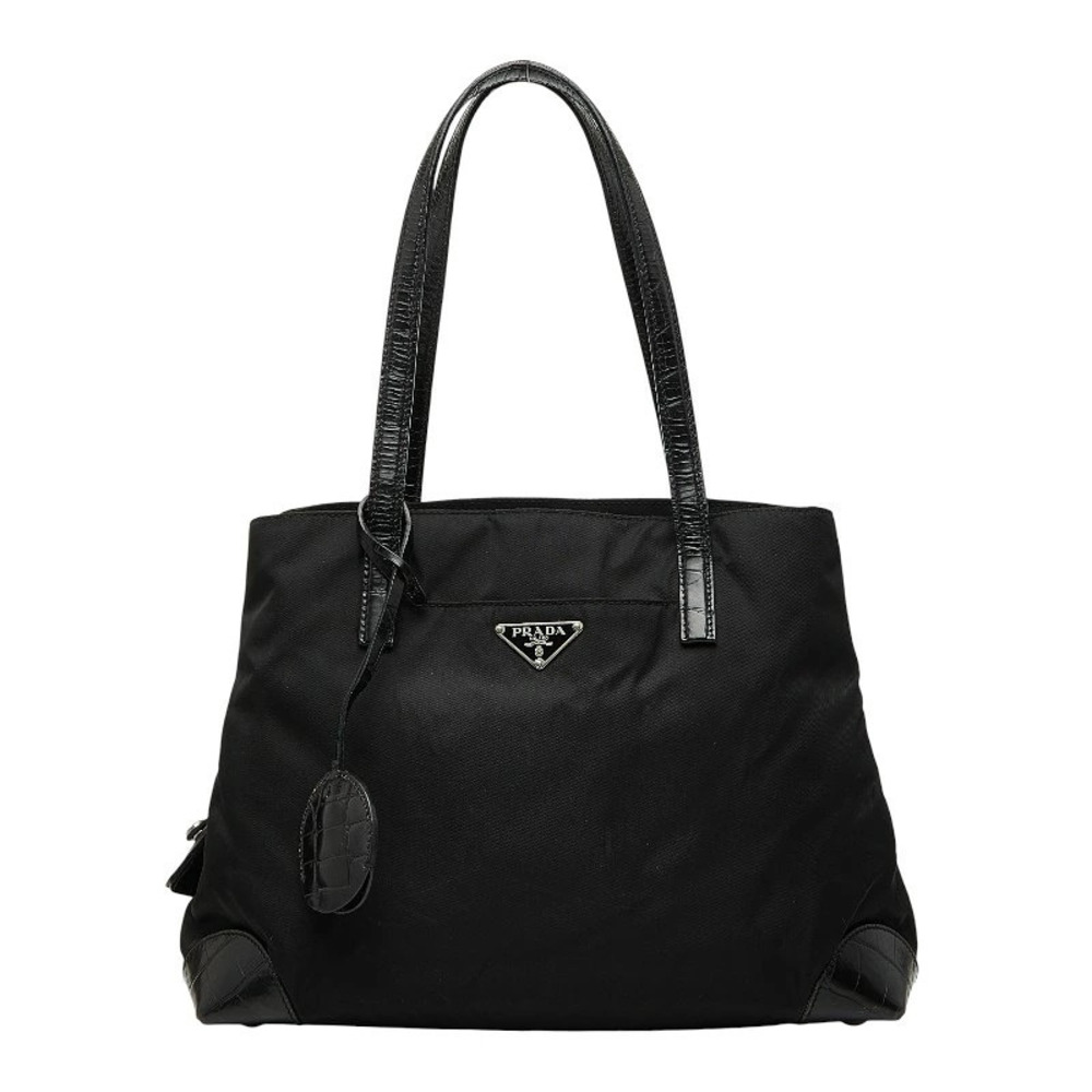 Prada Triangle Plate Tote Bag Black Leather